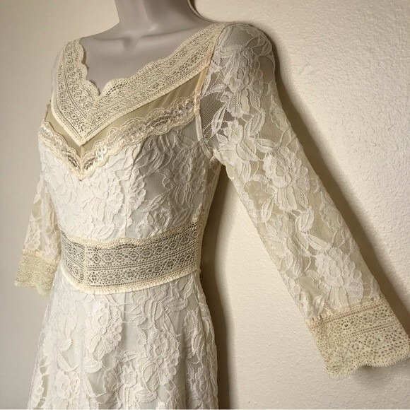 Free People Lacey Affair in Tea Dress Women Size Small Crochet Boho Mini Cream - Picture 4 of 16